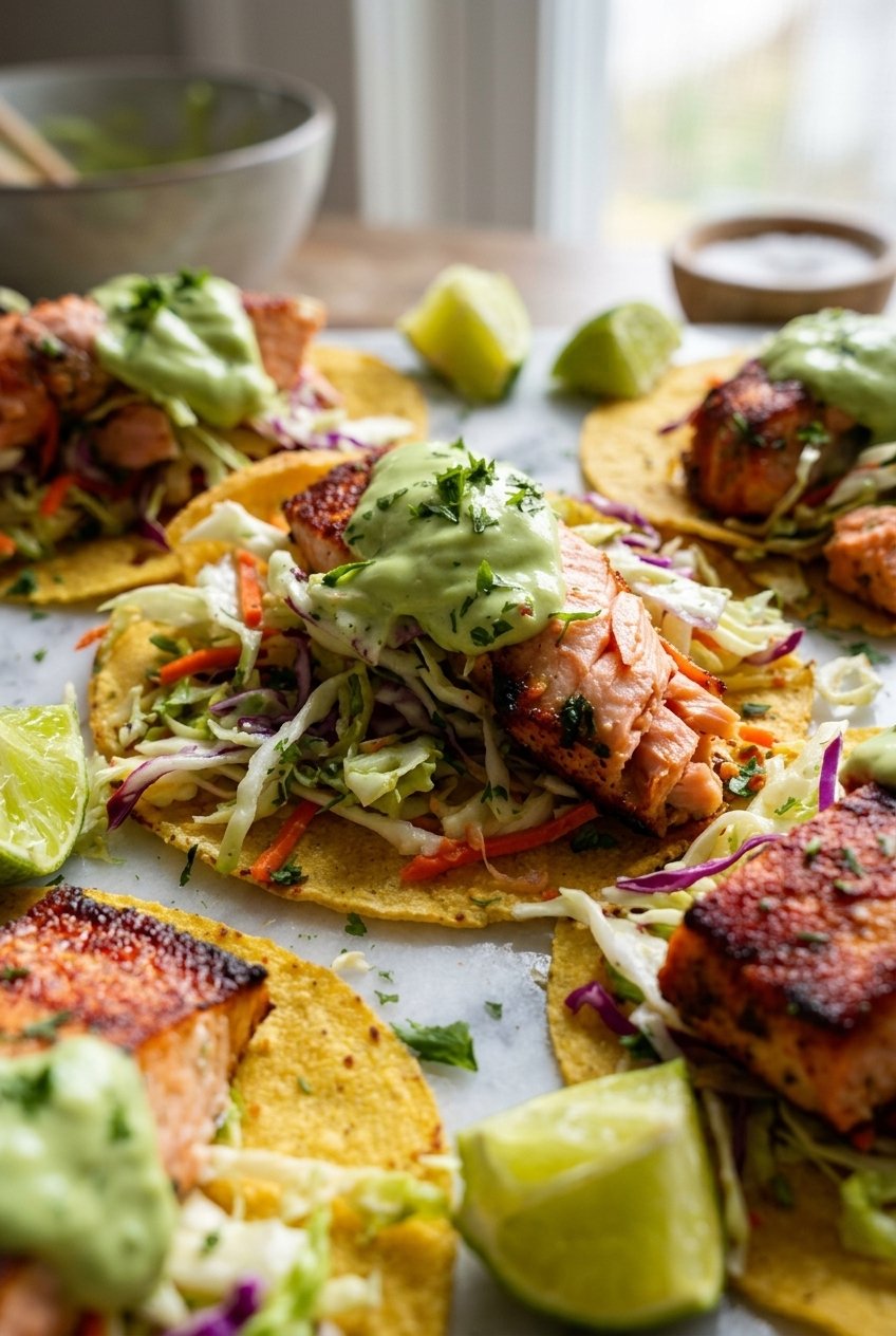 Blackened Salmon Tacos Recipe 4 Salmon Fish Tacos With Avocado Crema And Coleslaw