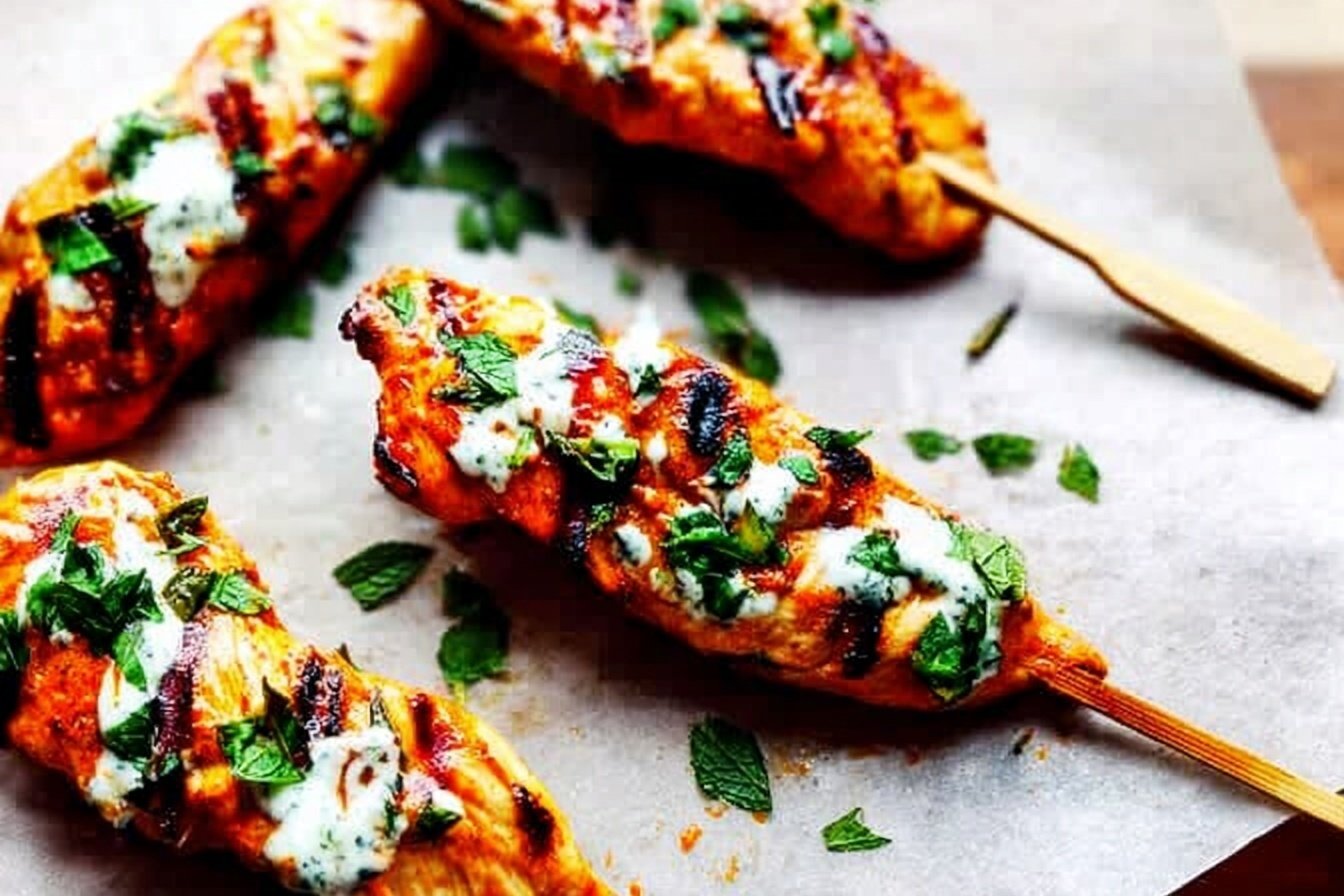 Honey Harrisa Chicken Skewers With Garlic Mint Sauce