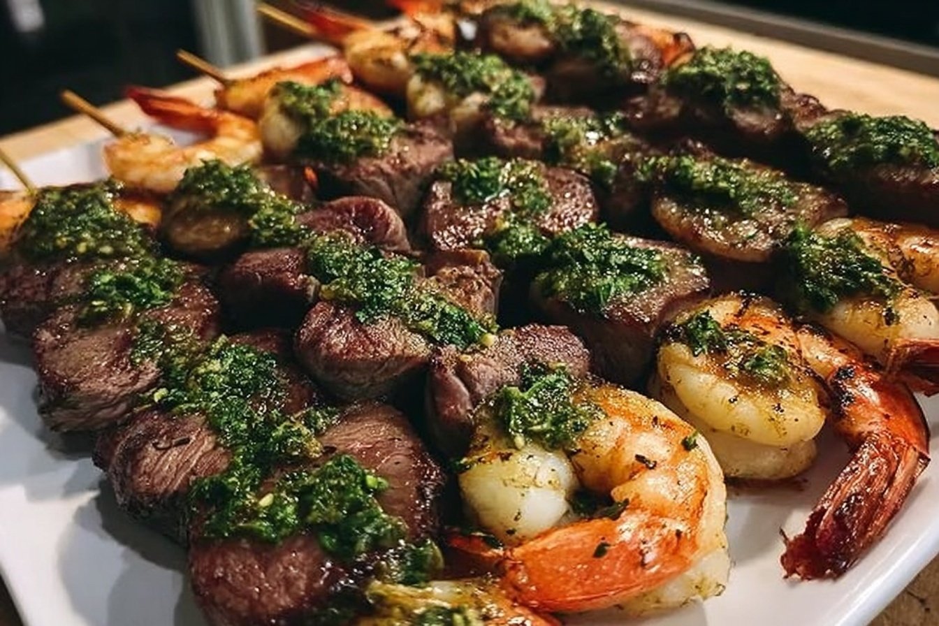 Surf and Turf Kabobs with Zesty Chimichurri Sauce 4 Skewers Surf & Turf Meets Chimichurri