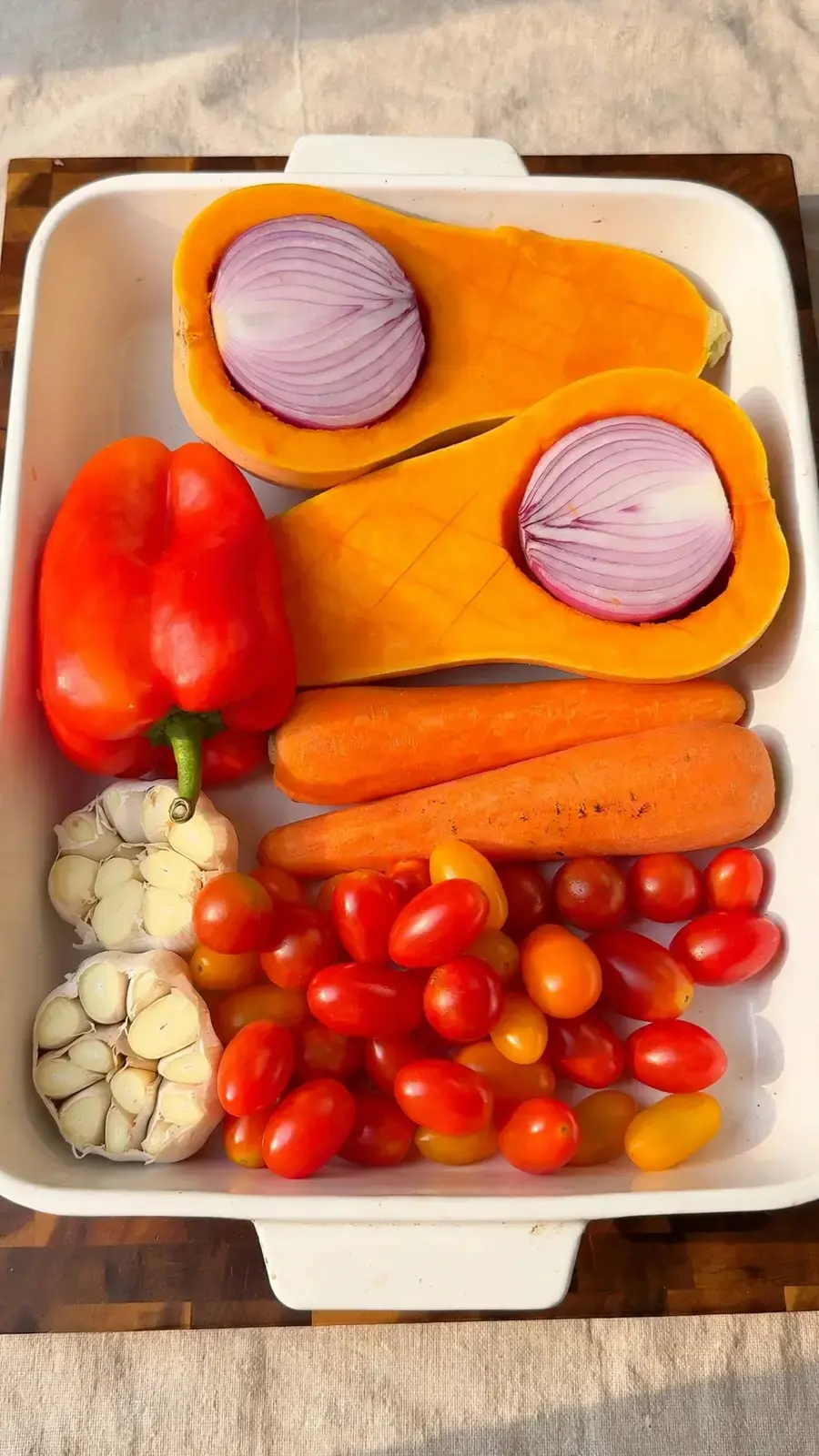 Vegetables arranged on the roasting tray